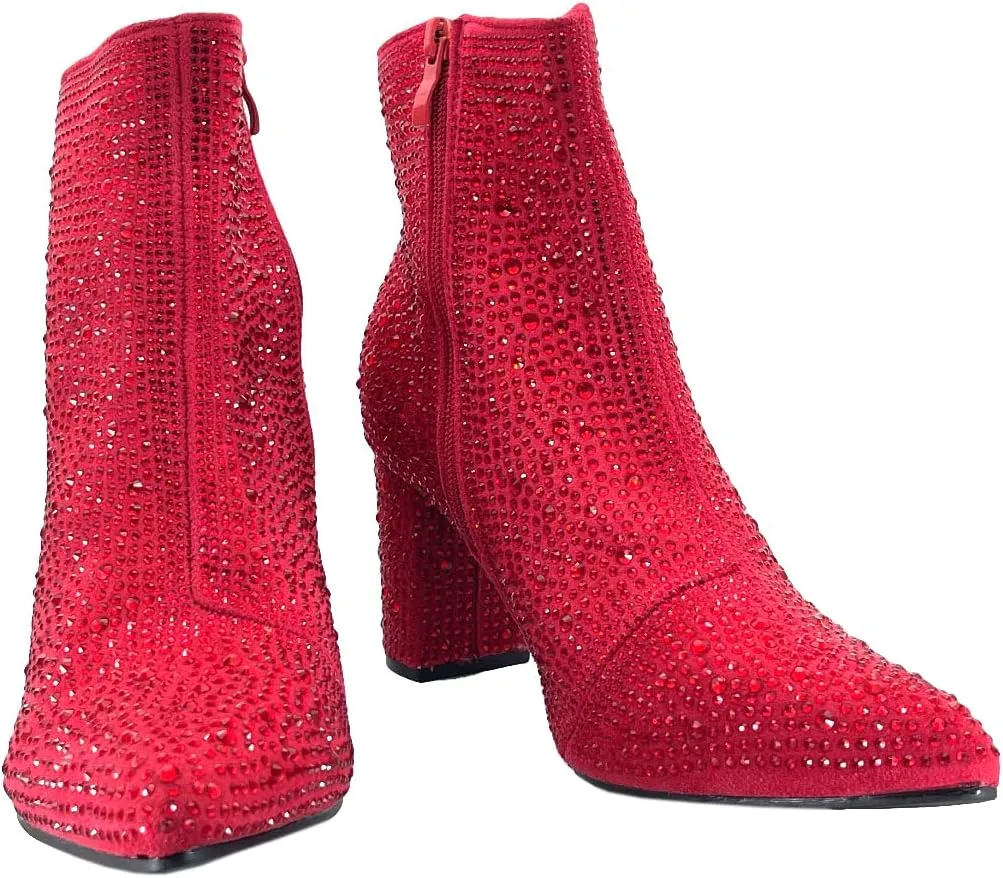 ABSOLEX Women Pointed Toe Rhinestone Block Medium Heel Ankle Booties