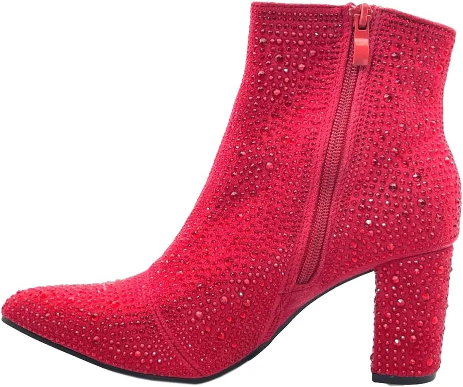 ABSOLEX Women Pointed Toe Rhinestone Block Medium Heel Ankle Booties