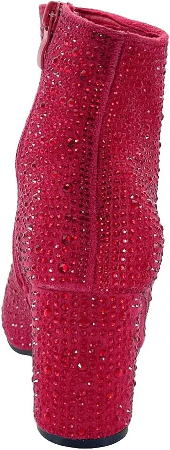 ABSOLEX Women Pointed Toe Rhinestone Block Medium Heel Ankle Booties