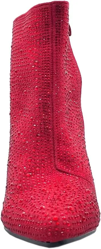 ABSOLEX Women Pointed Toe Rhinestone Block Medium Heel Ankle Booties
