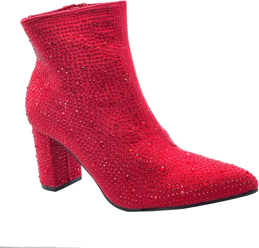 ABSOLEX Women Pointed Toe Rhinestone Block Medium Heel Ankle Booties
