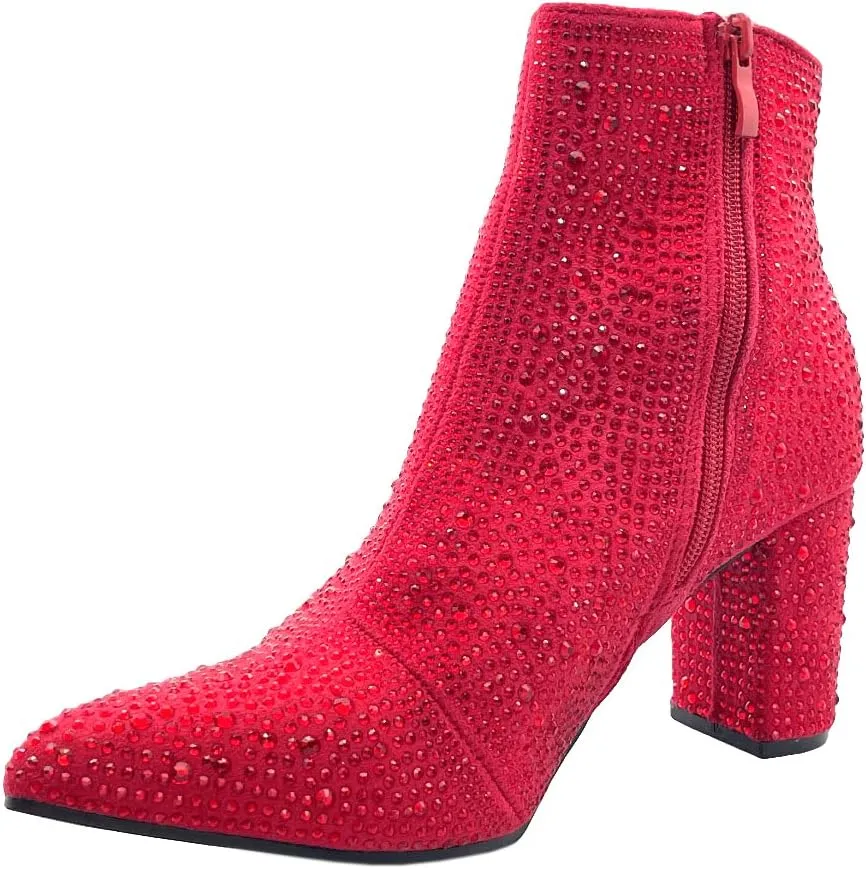 ABSOLEX Women Pointed Toe Rhinestone Block Medium Heel Ankle Booties