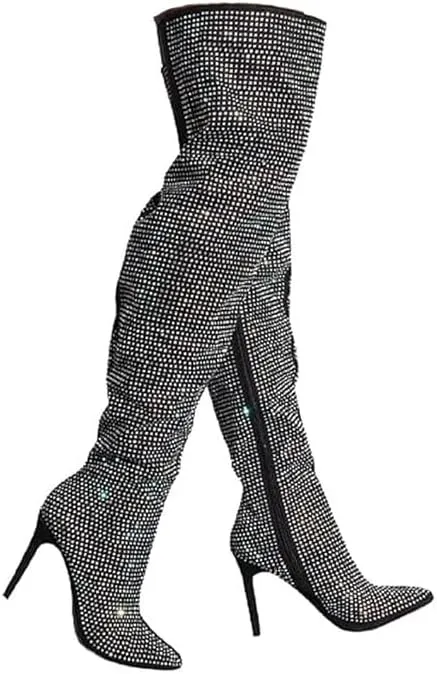 AKIRA Women's All Over Diamond Rhinestone Stripe Front Slouchy Thigh High Stiletto Boots-BLACK_8.5