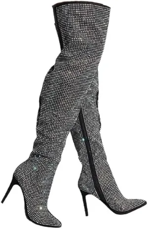 AKIRA Women's All Over Diamond Rhinestone Stripe Front Slouchy Thigh High Stiletto Boots-BLACK_8.5