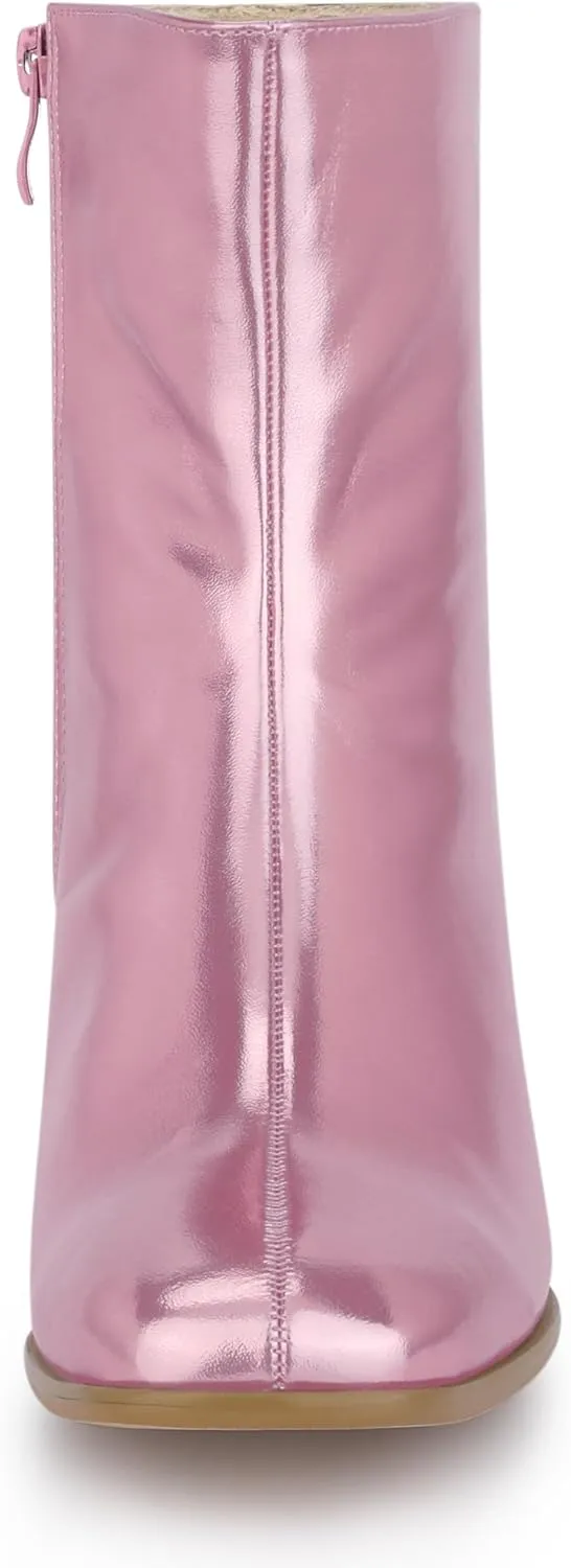 Allegra K Women's Metallic Boots Square Toe Chunky Heel Gogo Ankle Boots