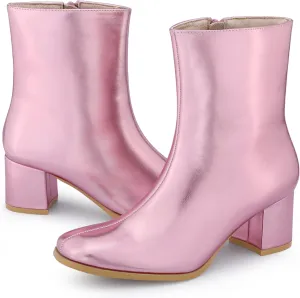 Allegra K Women's Metallic Boots Square Toe Chunky Heel Gogo Ankle Boots