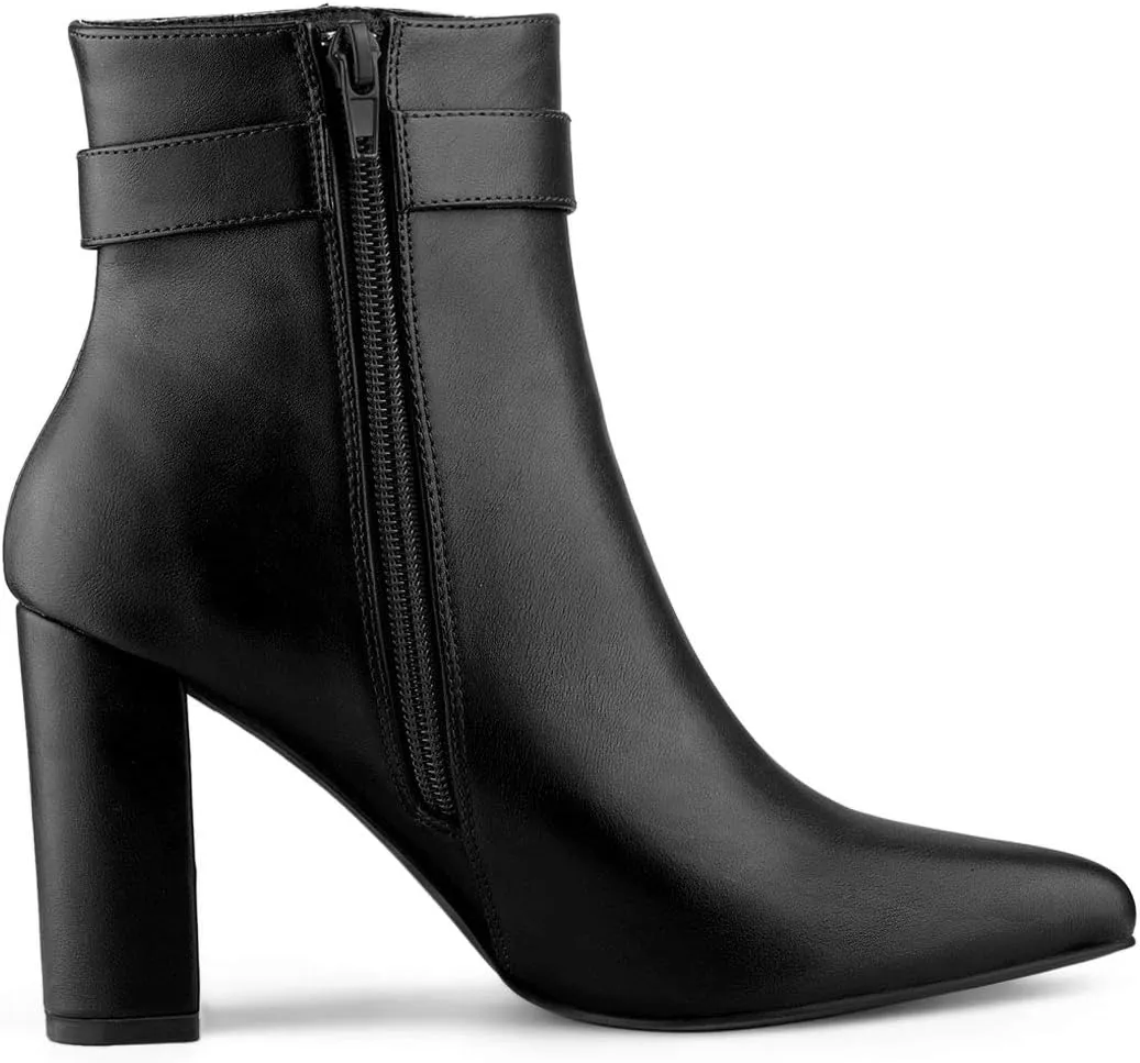 Allegra K Women's Pointed Toe Buckle Decor Heel Ankle Booties
