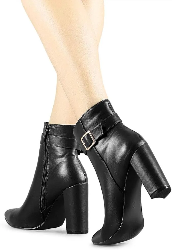 Allegra K Women's Pointed Toe Buckle Decor Heel Ankle Booties