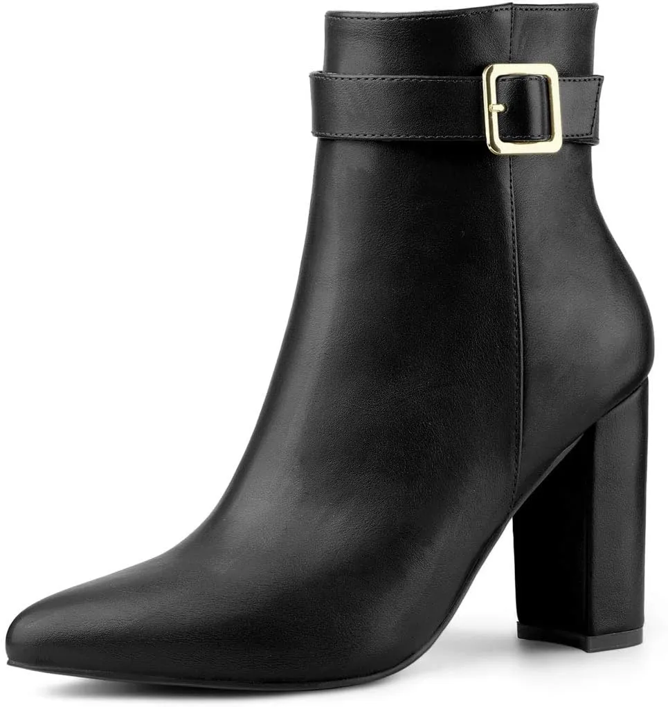 Allegra K Women's Pointed Toe Buckle Decor Heel Ankle Booties