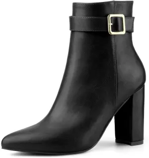 Allegra K Women's Pointed Toe Buckle Decor Heel Ankle Booties