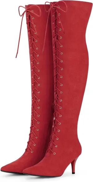Allegra K Women's Thigh High Boots Lace Up Stiletto Heel Over Knee High Boots