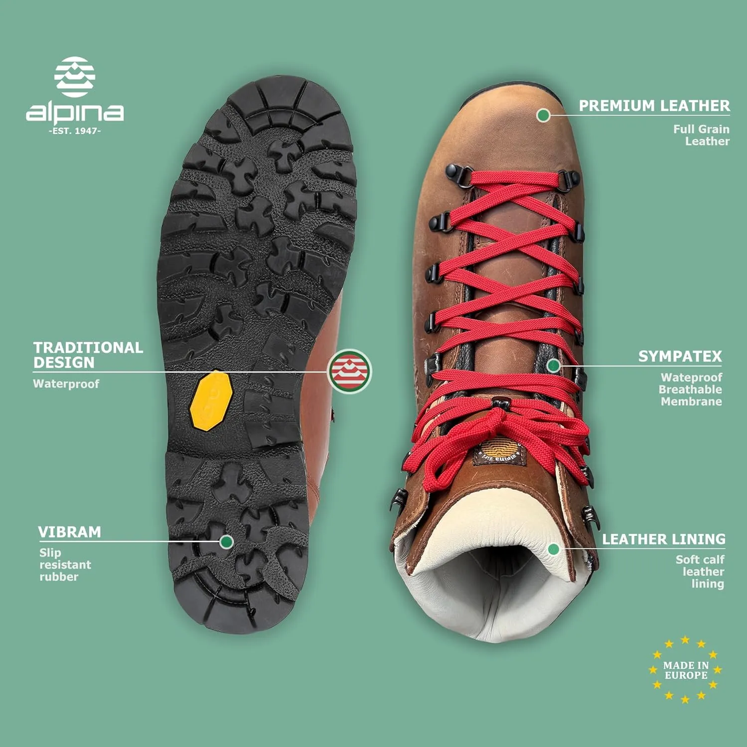 Alpina Ladakh - Premium Men's Mountaineering Boots Waterproof Full Leather Ankle High Shoes Outdoor Footwear Durable Hand Made in Europe