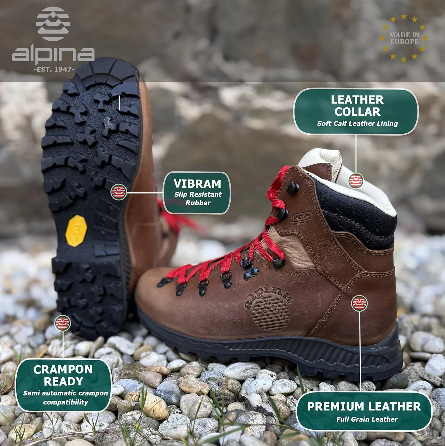 Alpina Ladakh - Premium Men's Mountaineering Boots Waterproof Full Leather Ankle High Shoes Outdoor Footwear Durable Hand Made in Europe