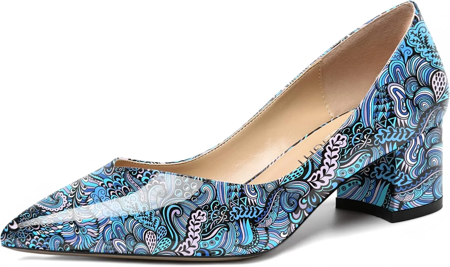 AMBELIGHT Womens Dress Patent Slip On Solid Evening Pointed Toe Chunky Low Heel Pumps Shoes 2 Inch