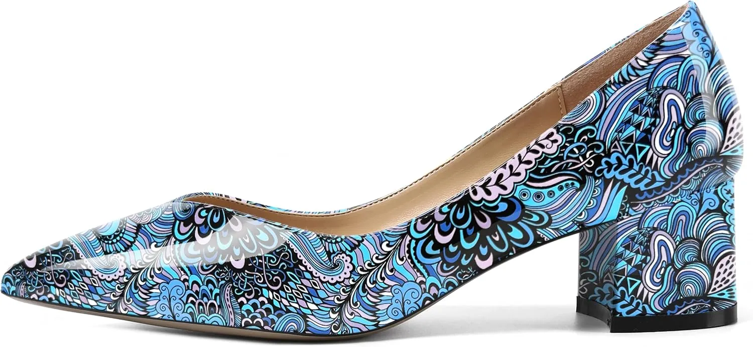 AMBELIGHT Womens Dress Patent Slip On Solid Evening Pointed Toe Chunky Low Heel Pumps Shoes 2 Inch