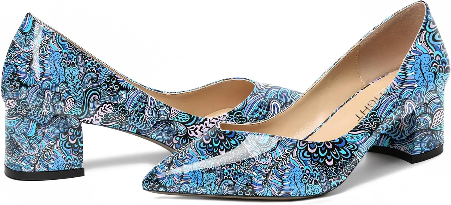 AMBELIGHT Womens Dress Patent Slip On Solid Evening Pointed Toe Chunky Low Heel Pumps Shoes 2 Inch