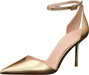 Ankle Heel Gold Pumps for Women Leather Peep Heel Women Fashion Bow High Pumps Pointed Toe 3.35 inch
