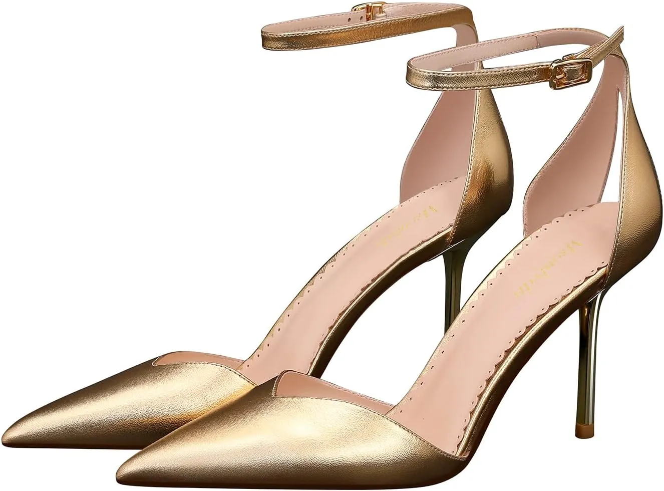 Ankle Heel Gold Pumps for Women Leather Peep Heel Women Fashion Bow High Pumps Pointed Toe 3.35 inch