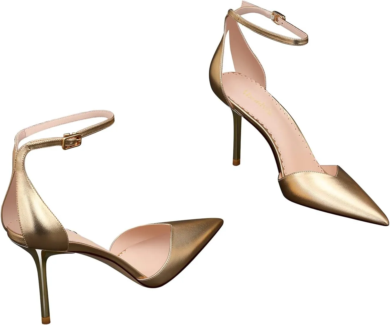 Ankle Heel Gold Pumps for Women Leather Peep Heel Women Fashion Bow High Pumps Pointed Toe 3.35 inch
