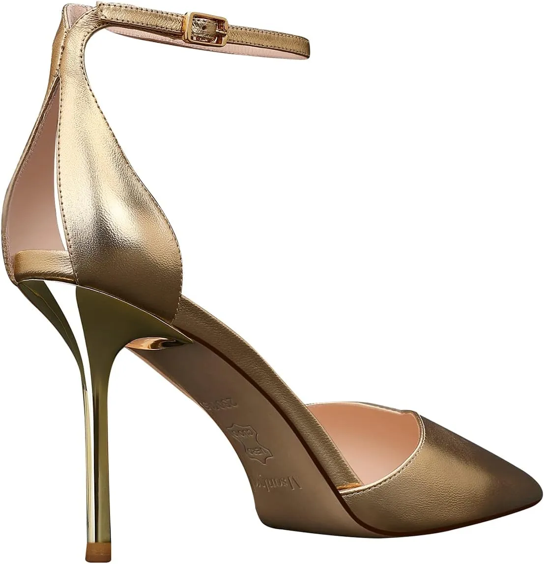 Ankle Heel Gold Pumps for Women Leather Peep Heel Women Fashion Bow High Pumps Pointed Toe 3.35 inch