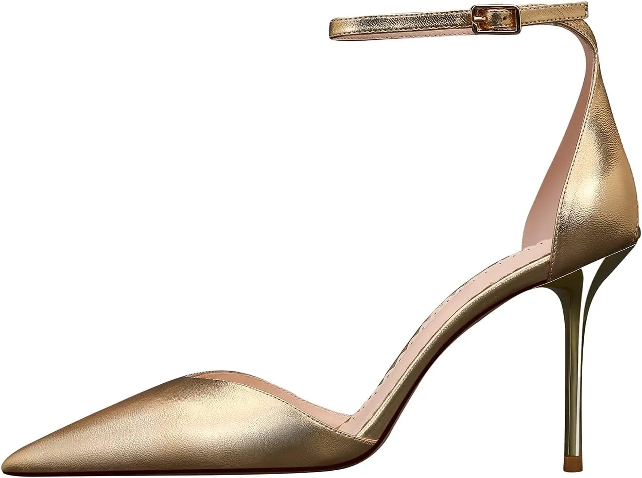 Ankle Heel Gold Pumps for Women Leather Peep Heel Women Fashion Bow High Pumps Pointed Toe 3.35 inch