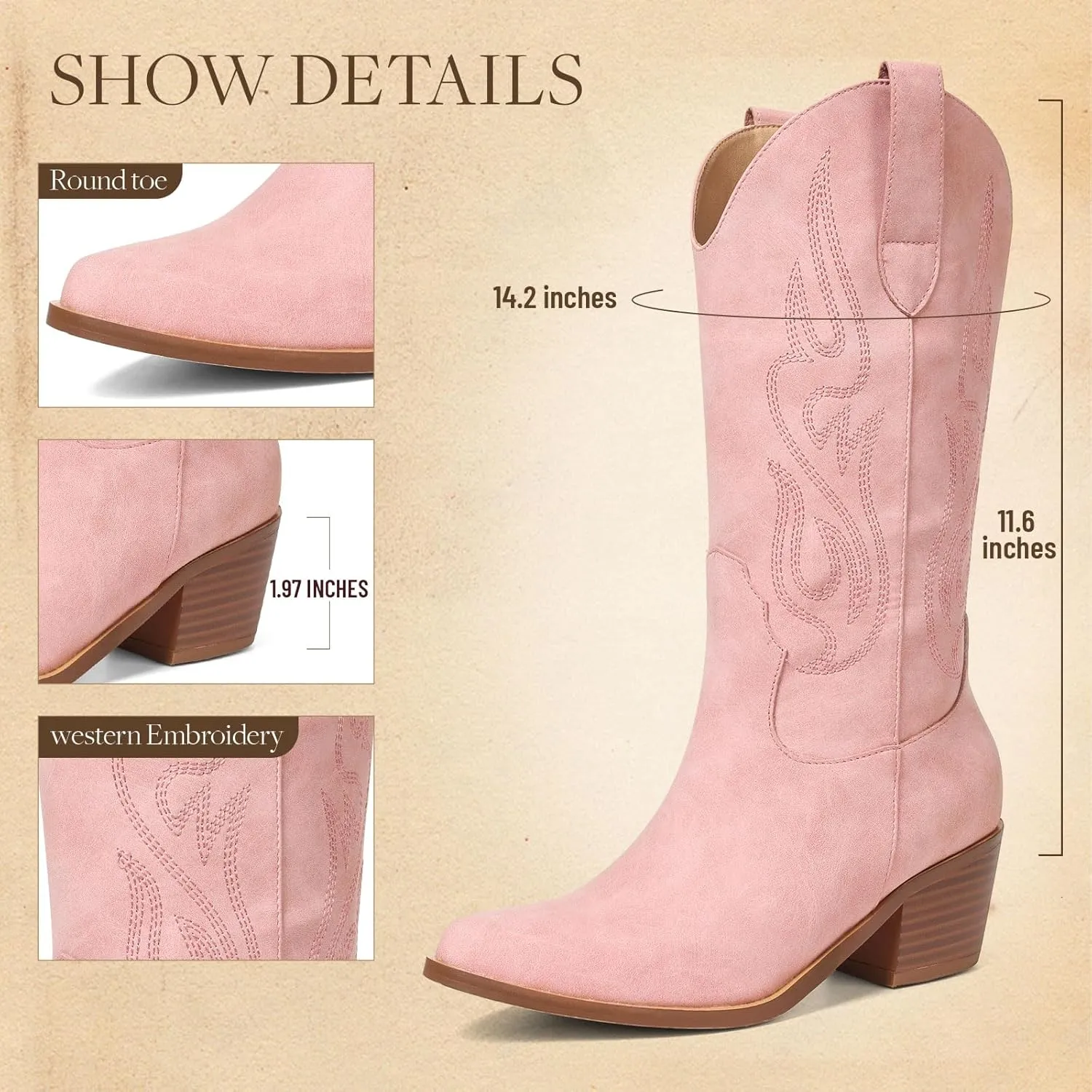 AOSPHIRAYLIAN Cowboy Boots for Women Retro Pointed Toe Pull On Block Chunky Heel Glitter Sparkly Metallic Embroidecamel Country Concert Outfits Calf Western Cowgirl Boots