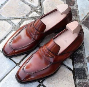 Apron Toe Moccasin Loafer Slip Ons Handcrafted Men Brown Color Leather Shoes