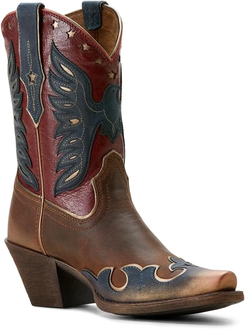 Ariat Womens Bravery Embroidered Snip Toe Casual Boots Mid Calf Mid Heel 2-3" - Brown, Red