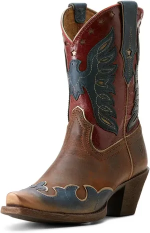 Ariat Womens Bravery Embroidered Snip Toe Casual Boots Mid Calf Mid Heel 2-3" - Brown, Red