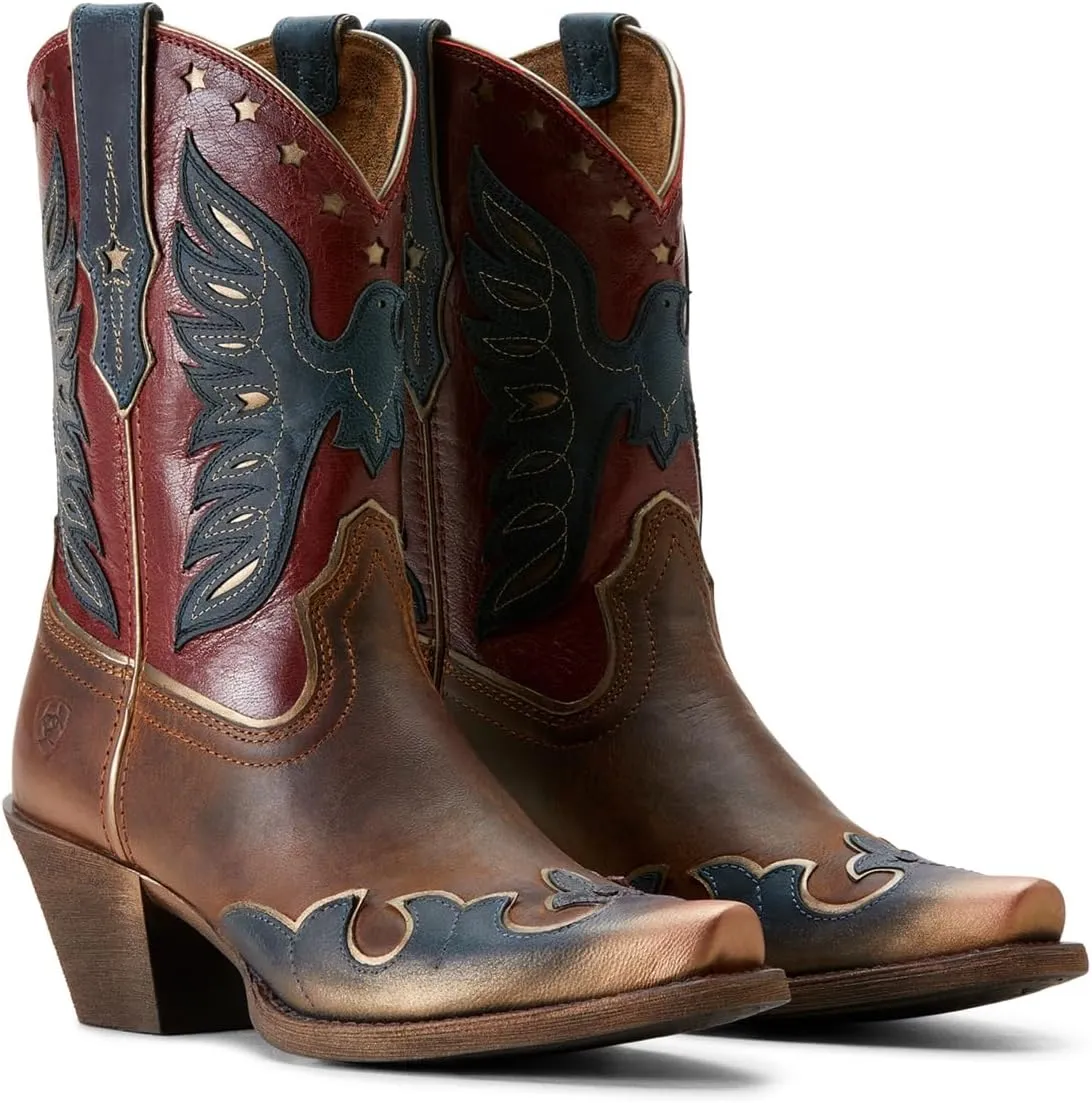 Ariat Womens Bravery Embroidered Snip Toe Casual Boots Mid Calf Mid Heel 2-3" - Brown, Red