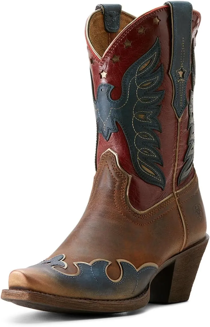 Ariat Womens Bravery Embroidered Snip Toe Casual Boots Mid Calf Mid Heel 2-3" - Brown, Red