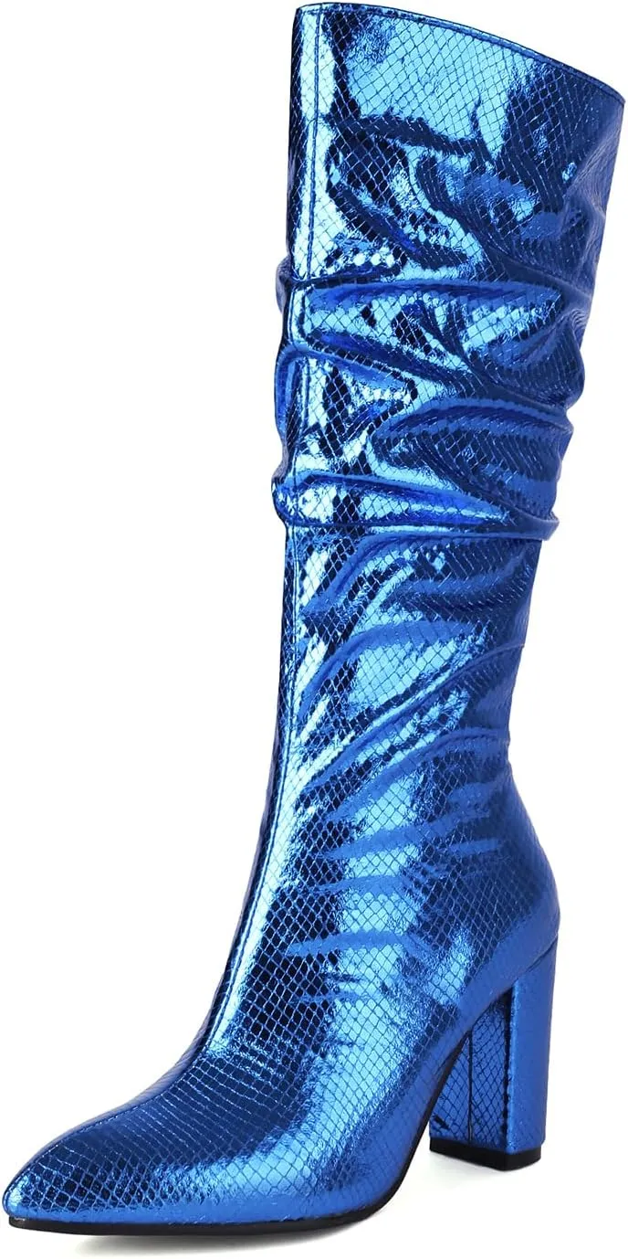 Arqa Metallic Boots For Women Chunky Heel Slouchy Mid Calf Snake Print Boot Pointed Toe Gogo Dance Booties
