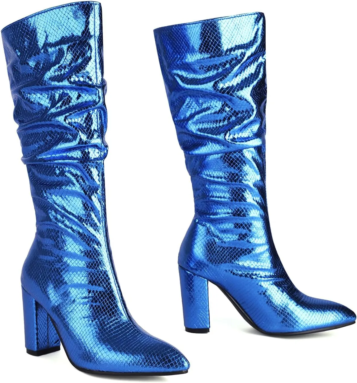 Arqa Metallic Boots For Women Chunky Heel Slouchy Mid Calf Snake Print Boot Pointed Toe Gogo Dance Booties
