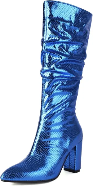 Arqa Metallic Boots For Women Chunky Heel Slouchy Mid Calf Snake Print Boot Pointed Toe Gogo Dance Booties