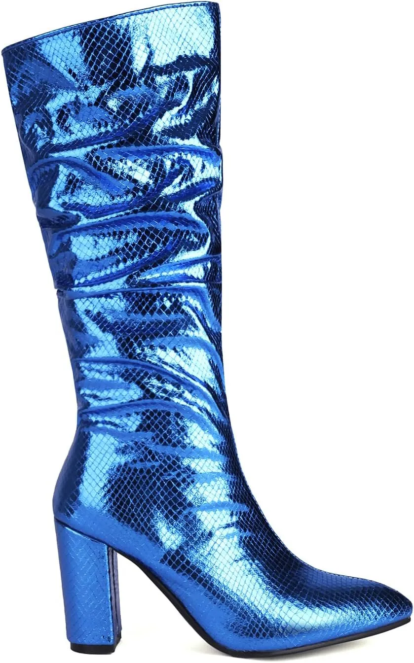 Arqa Metallic Boots For Women Chunky Heel Slouchy Mid Calf Snake Print Boot Pointed Toe Gogo Dance Booties