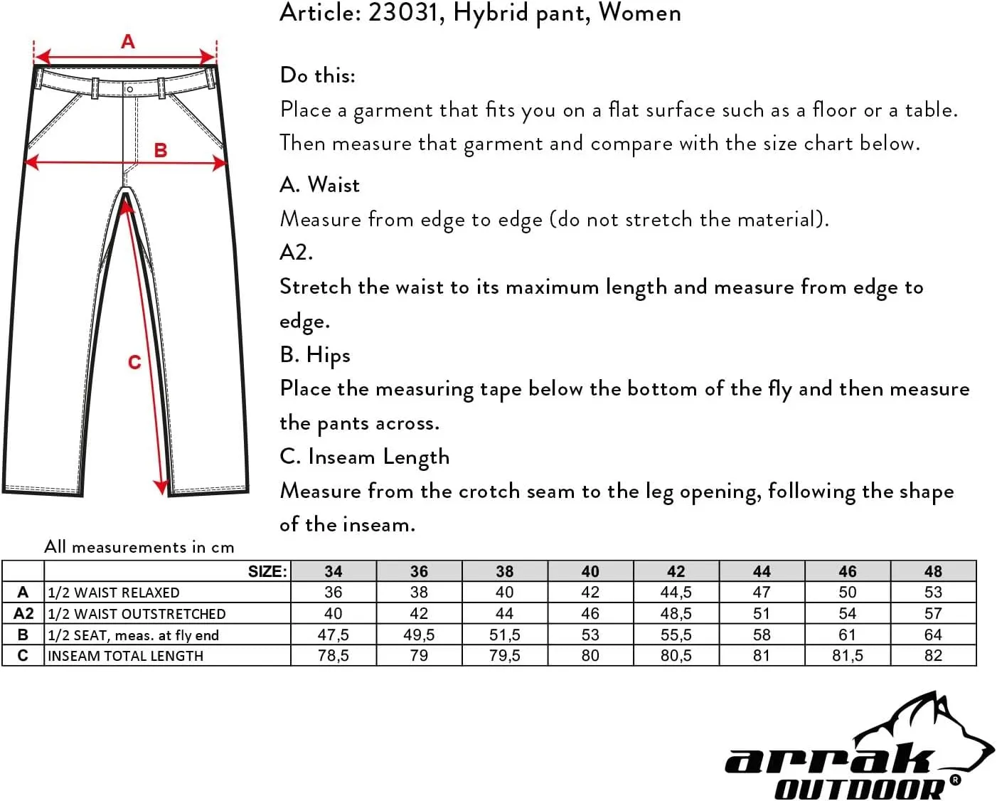 ARRAK OUTDOOR Hybrid Pants Lady, Inseam 32", DWR Treated, Seven Belt Loops, Water-Resistant, 4-Way Stretch Fabric