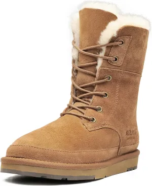AU&MU Women Sheep Leather Classic Lace up Winter Snow Boot Chestnut Size 11