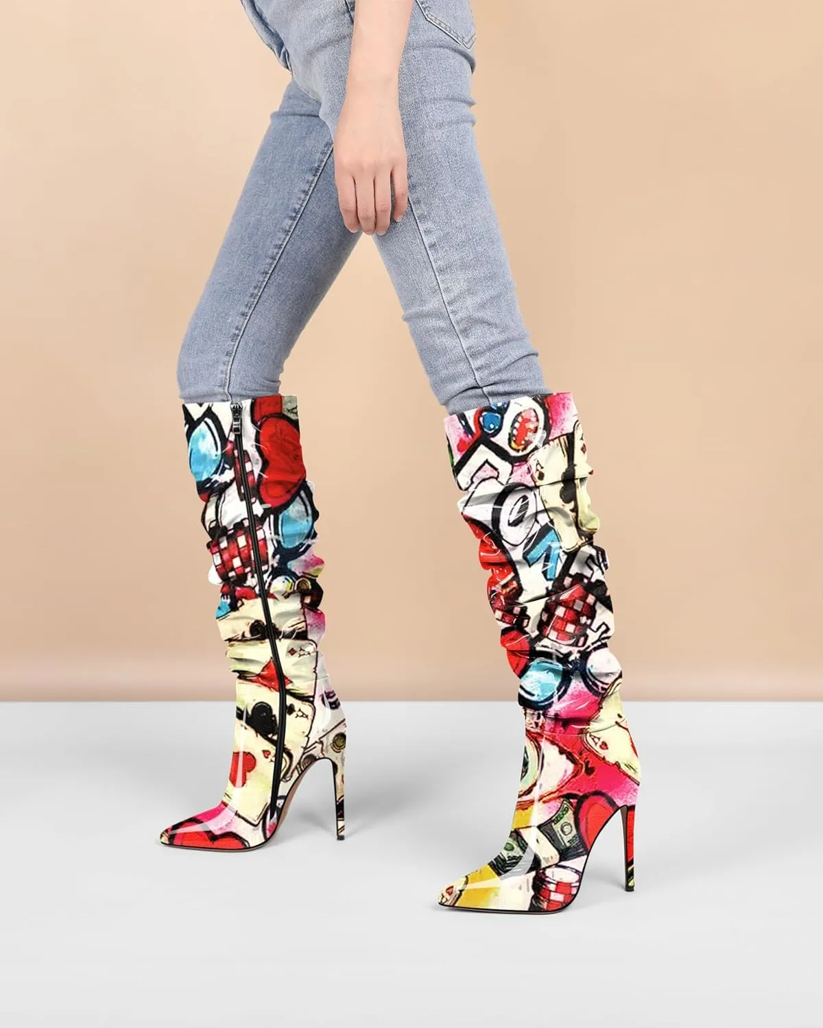 AUMOTED Knee High Boots for Women Stiletto Heel Womens Boots Side Zipper Slouchy High Boots for Women 4.7 Inch Heeled Boots