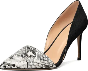 AUMOTED Women Stiletto Heels Snakeskin Slip On Pointed Toe Pumps Closed Toe High Heel Dress Shoes for Wedding Party Offie 3.4 Inch