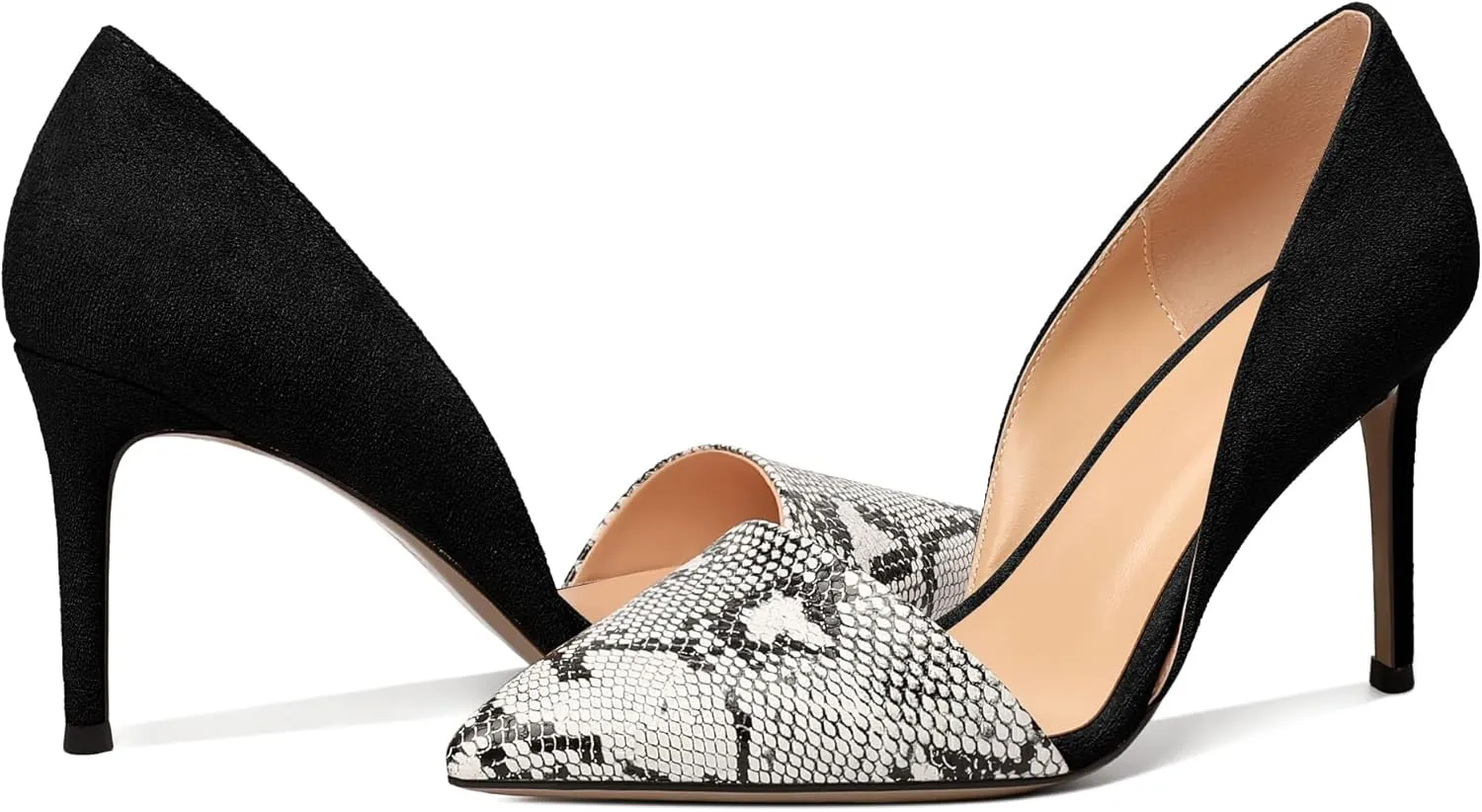 AUMOTED Women Stiletto Heels Snakeskin Slip On Pointed Toe Pumps Closed Toe High Heel Dress Shoes for Wedding Party Offie 3.4 Inch