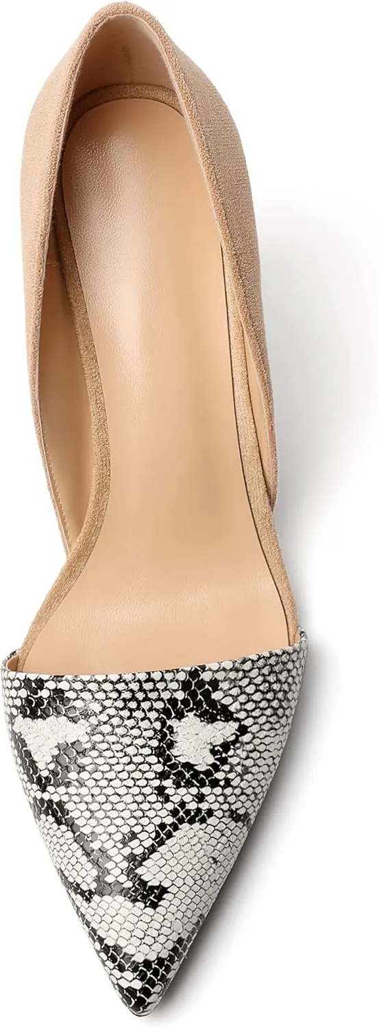 AUMOTED Women Stiletto Heels Snakeskin Slip On Pointed Toe Pumps Closed Toe High Heel Dress Shoes for Wedding Party Offie 3.4 Inch