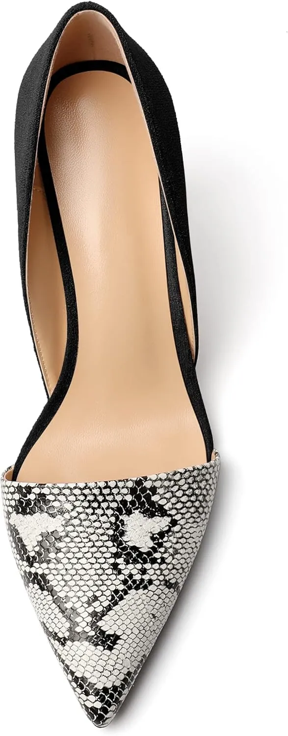 AUMOTED Women Stiletto Heels Snakeskin Slip On Pointed Toe Pumps Closed Toe High Heel Dress Shoes for Wedding Party Offie 3.4 Inch