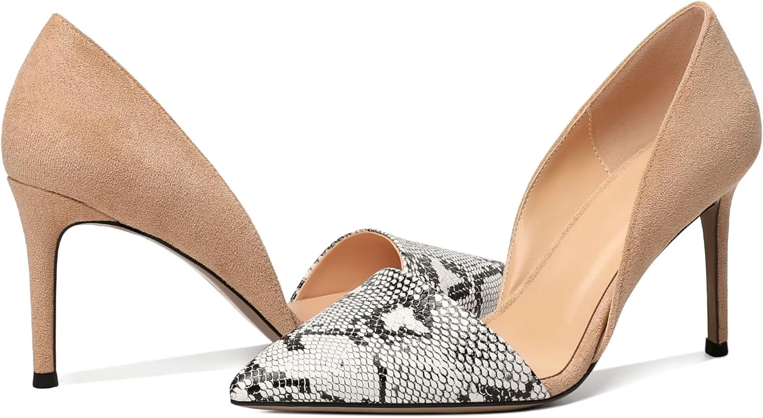 AUMOTED Women Stiletto Heels Snakeskin Slip On Pointed Toe Pumps Closed Toe High Heel Dress Shoes for Wedding Party Offie 3.4 Inch