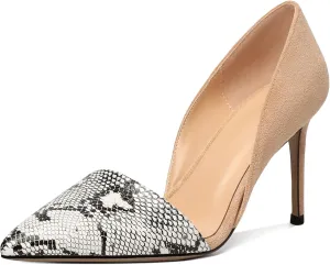 AUMOTED Women Stiletto Heels Snakeskin Slip On Pointed Toe Pumps Closed Toe High Heel Dress Shoes for Wedding Party Offie 3.4 Inch