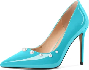 AUMOTED Womens Sexy Patent Pointed Toe Pumps Stiletto High Heel Pumps Slip On with Pearl Evening Wedding Dressy Shoes 4 Inch