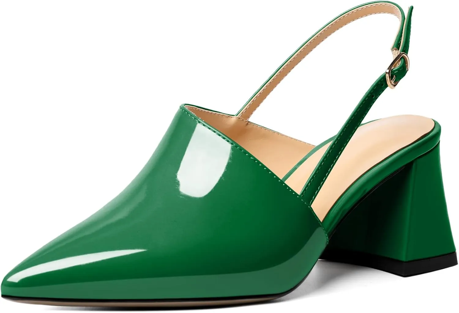 AUMOTED Women's Slingback Block Heels Pointed Closed Toe Patent Solid Mid Heel Pumps Chunky Dating Party Dress Shoes 2.5 Inch