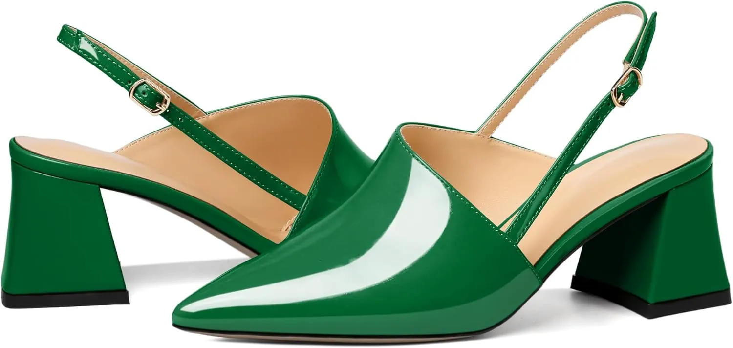 AUMOTED Women's Slingback Block Heels Pointed Closed Toe Patent Solid Mid Heel Pumps Chunky Dating Party Dress Shoes 2.5 Inch