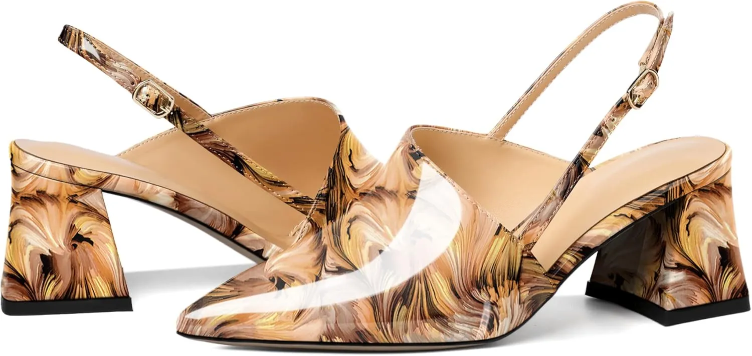 AUMOTED Women's Slingback Block Heels Pointed Closed Toe Patent Solid Mid Heel Pumps Chunky Dating Party Dress Shoes 2.5 Inch