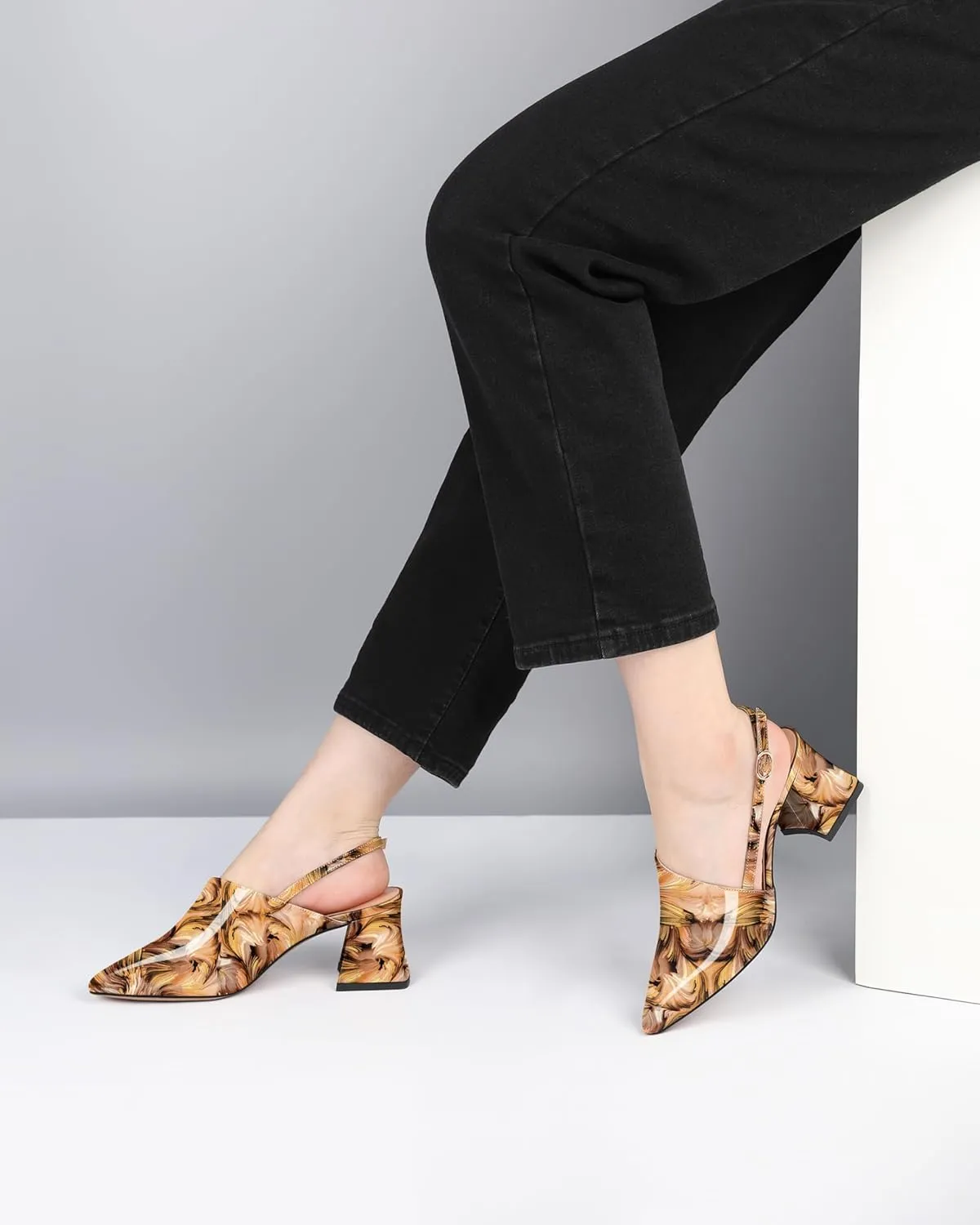 AUMOTED Women's Slingback Block Heels Pointed Closed Toe Patent Solid Mid Heel Pumps Chunky Dating Party Dress Shoes 2.5 Inch