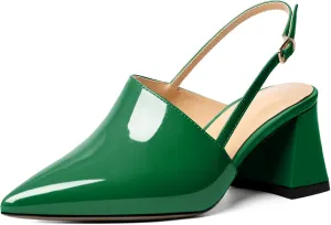 AUMOTED Women's Slingback Block Heels Pointed Closed Toe Patent Solid Mid Heel Pumps Chunky Dating Party Dress Shoes 2.5 Inch